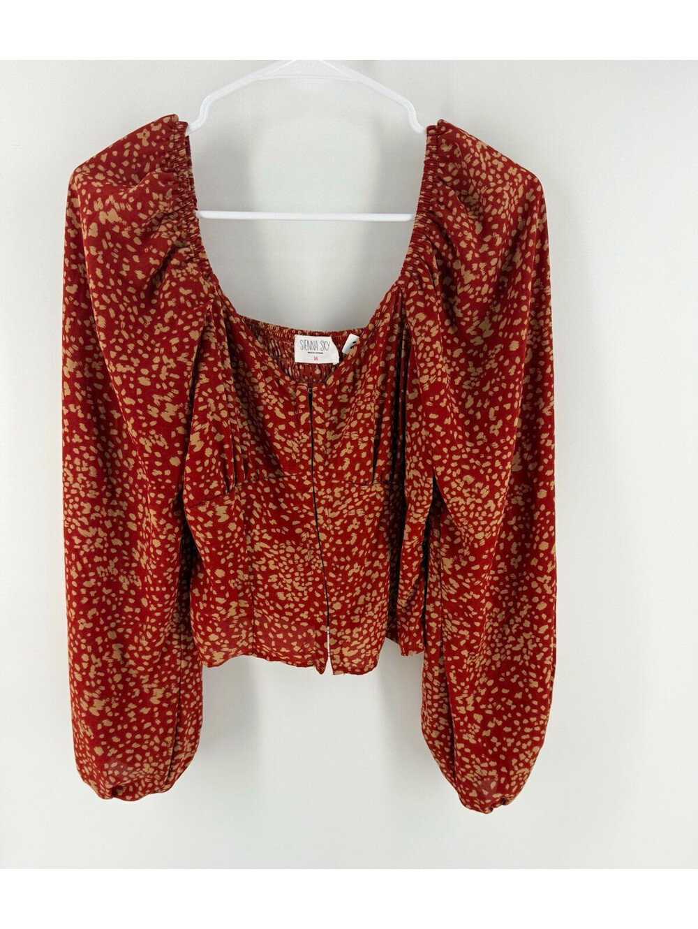 Sienna Sky Women's M Rust/Beige Animal Print Square Neck Puff Sleeve Crop Blouse